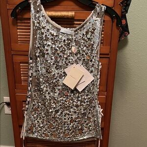 NWT Emilio Pucci Silver Sequin Embellished Mesh Sleeveless Top